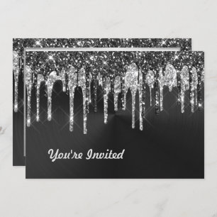 Trendy Silver Black Glitter Drips Graphic Birthday Invitation