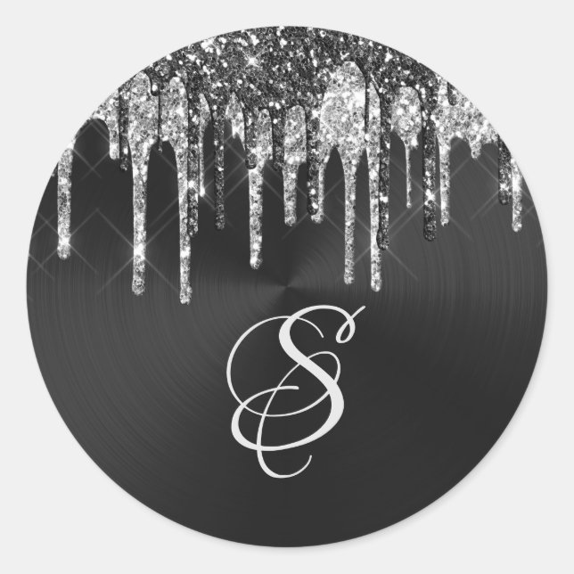 Trendy Silver Black Glitter Drips Graphic Monogram Classic Round Sticker (Front)