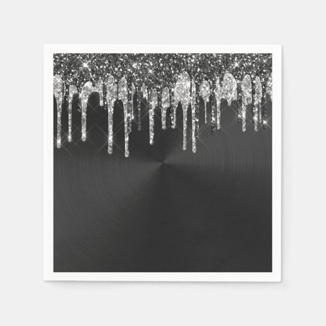 Trendy Silver Black Glitter Drips Graphic Napkin (Front)