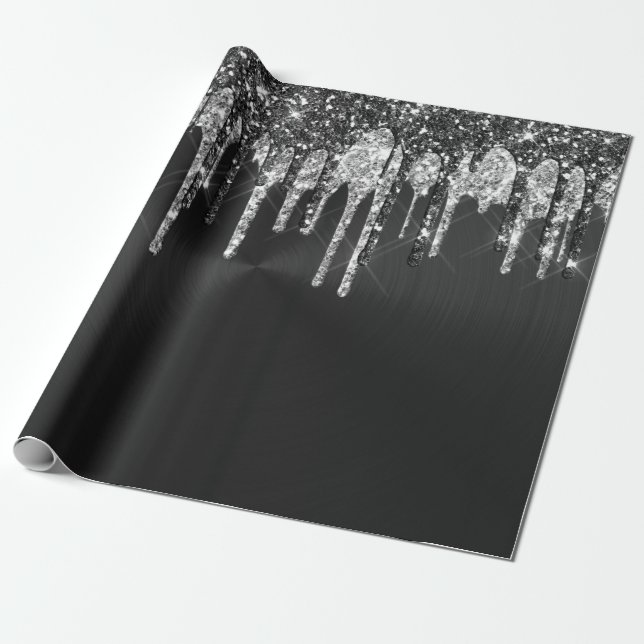 Trendy Silver Black Glitter Drips Graphic Wrapping Paper (Unrolled)