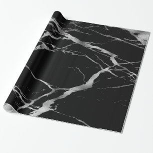 Trendy Silver Black Marble Glossy Wrapping Paper