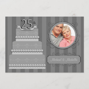 Trendy Silver Damask 25th Anniversary Photo Invite