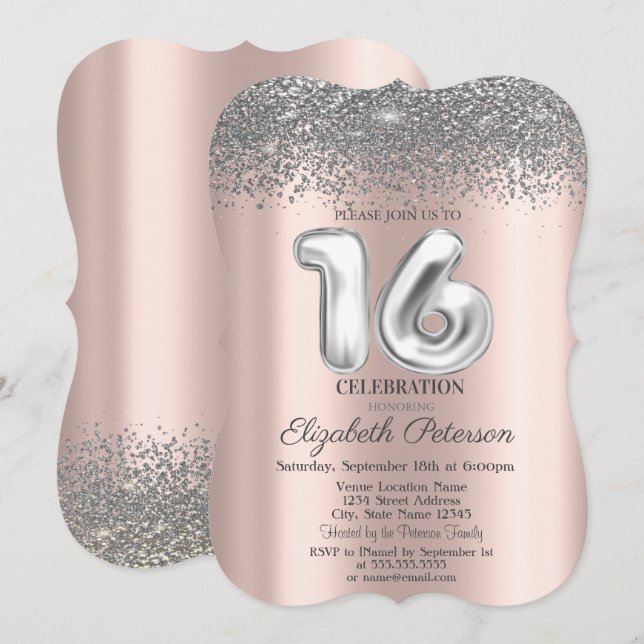 Trendy Silver Diamonds Rose Gold Sweet 16 Invitation (Front/Back)