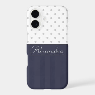 Trendy Silver Dots and Blue Stripes with Name