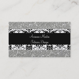 Trendy Silver Glitter Black & White Damask Business Card