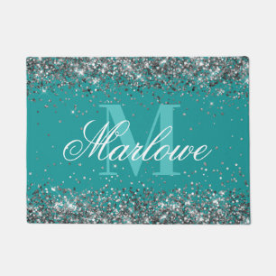 Trendy Silver Glitter Blue Green Monogram Doormat