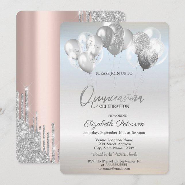 Trendy Silver Glitter Drips Balloons  Invitation (Front/Back)