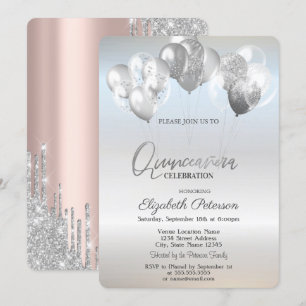 Trendy Silver Glitter Drips Balloons  Invitation