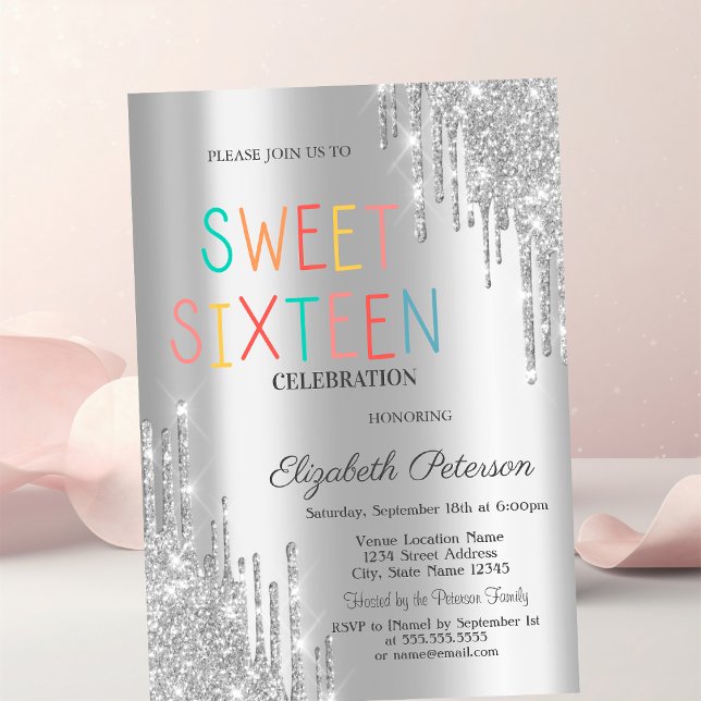 Trendy Silver Glitter Drips Colourful Sweet 16 Invitation (Creator Uploaded)