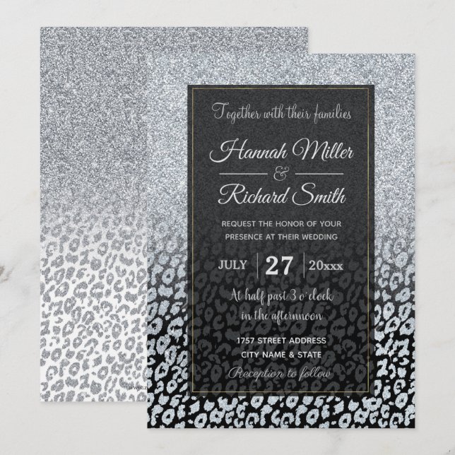 Trendy Silver Glitter & Leopard Ombre Black Print Invitation (Front/Back)