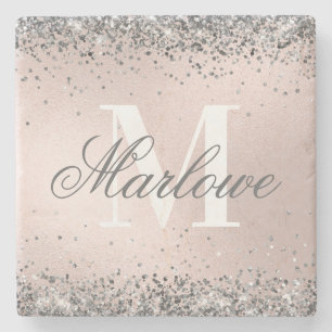 Trendy Silver Glitter Metallic Blush Pink Monogram Stone Coaster