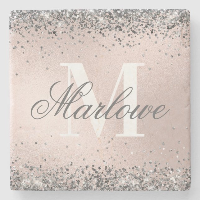 Trendy Silver Glitter Metallic Blush Pink Monogram Stone Coaster (Front)