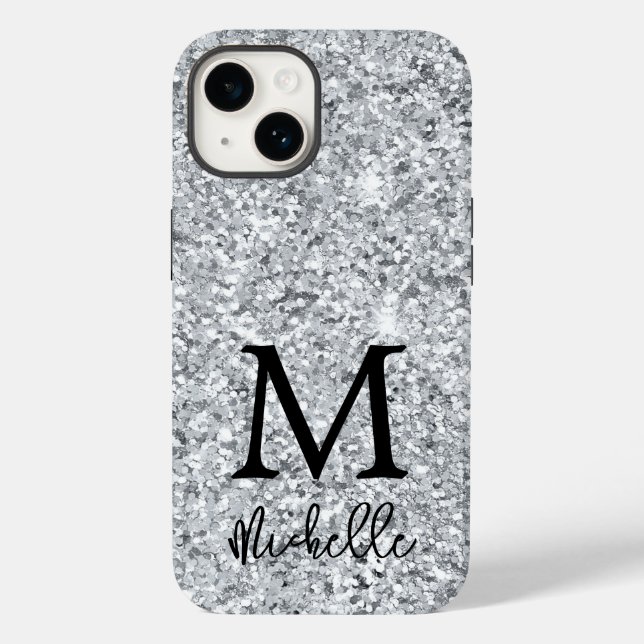 Trendy Silver Glitter Monogram Initial Name Case-Mate iPhone Case (Back)