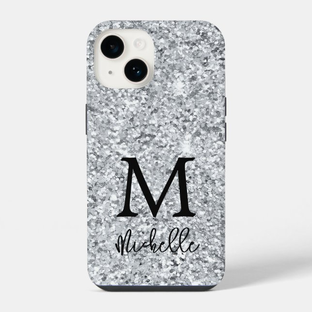 Trendy Silver Glitter Monogram Initial Name iPhone Case (Back)