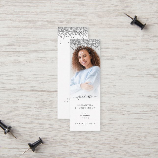 Trendy Silver Glitter Photo 2024 Graduation Calling Card (Front/Back In Situ)