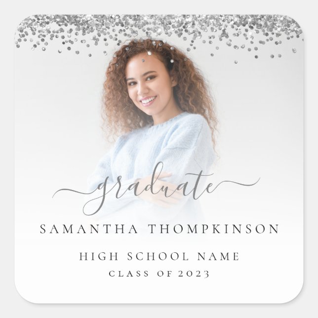 Trendy Silver Glitter Photo 2024 Graduation Square Sticker (Front)