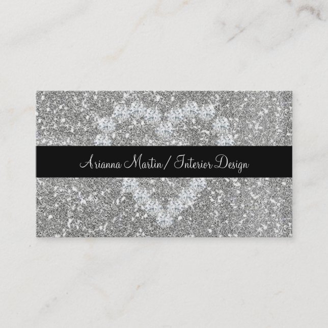 Trendy Silver Glitter Sparkly Diamond Heart Business Card (Front)