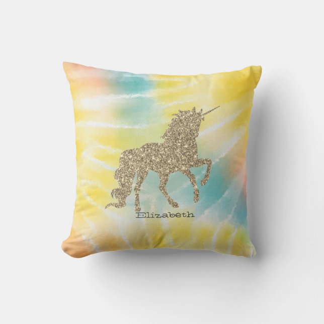 Trendy Silver Glitter Unicorn Tie Dye Cushion (Front)