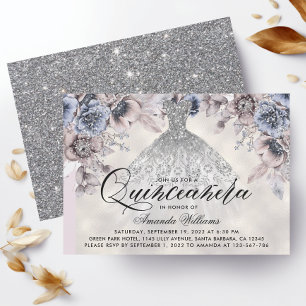 Trendy Silver Gown Floral Photo Quinceañera Invitation