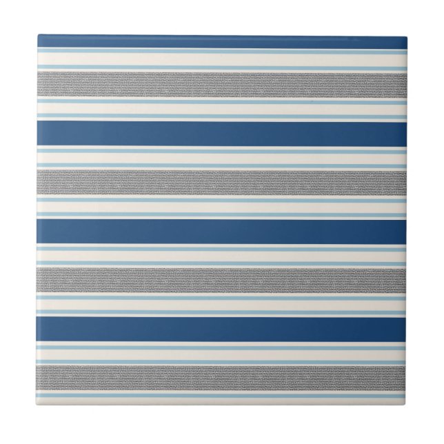 Trendy Silver Grey And Blue Stripes Pattern Tile (Front)