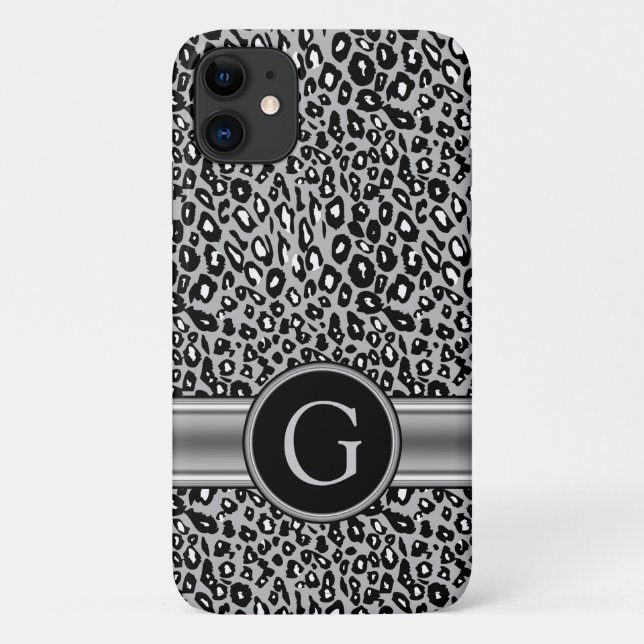 Trendy Silver Leopard Pattern and Monogram Case-Mate iPhone Case (Back)