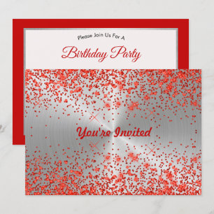 Trendy Silver Metallic Red Glitter  Birthday Invitation