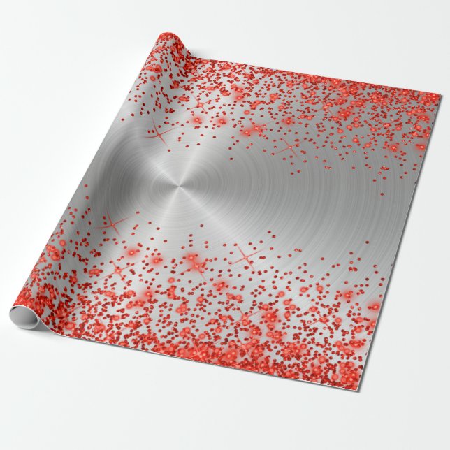 Trendy Silver Metallic Red Glitter Wrapping Paper (Unrolled)