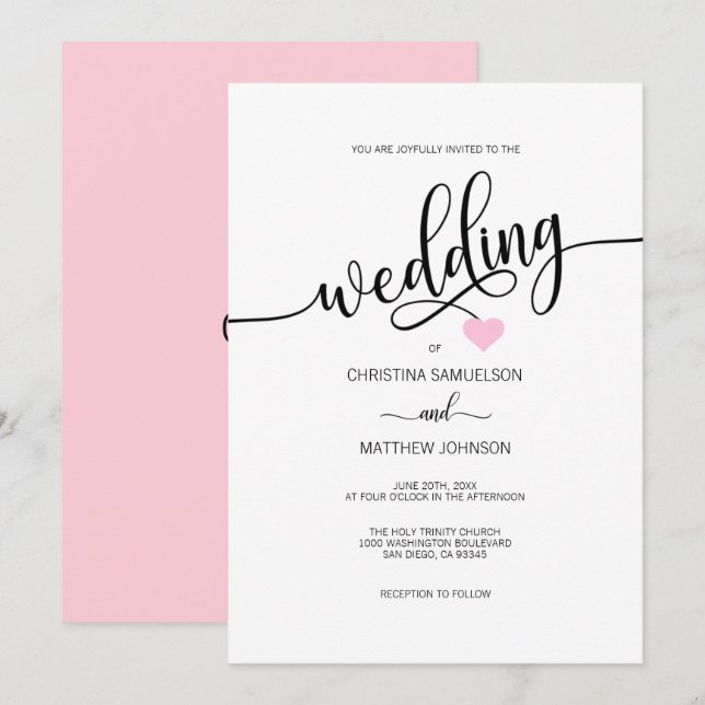 Trendy Simple Black White Pink Heart Wedding Invitation (Front/Back)