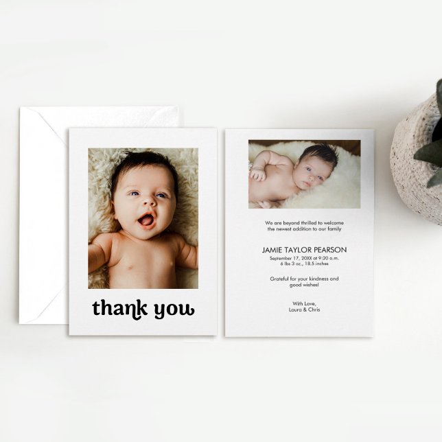 Trendy Simple Modern 2 Baby Photos Thank you (Trendy thank you typography baby shower photo card.)