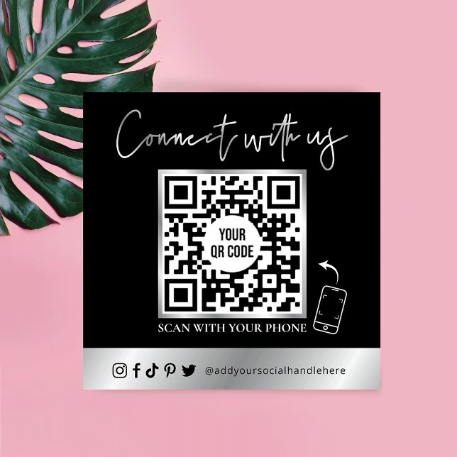 Trendy Simple QR Code Scannable Black & Silver Square Business Card (Creator Uploaded)