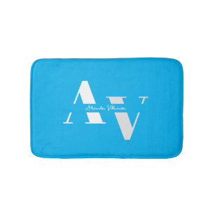 Trendy Sky Blue Girly Monogram Name Bath Mat
