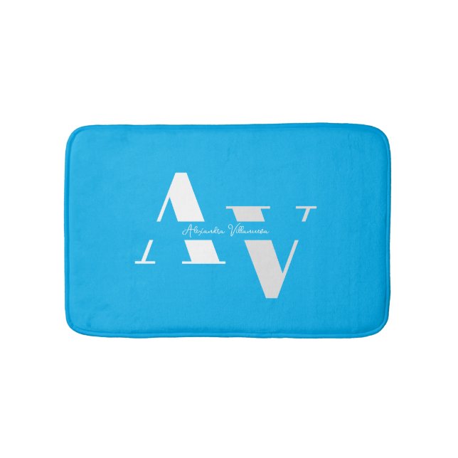 Trendy Sky Blue Girly Monogram Name  Bath Mat (Front)