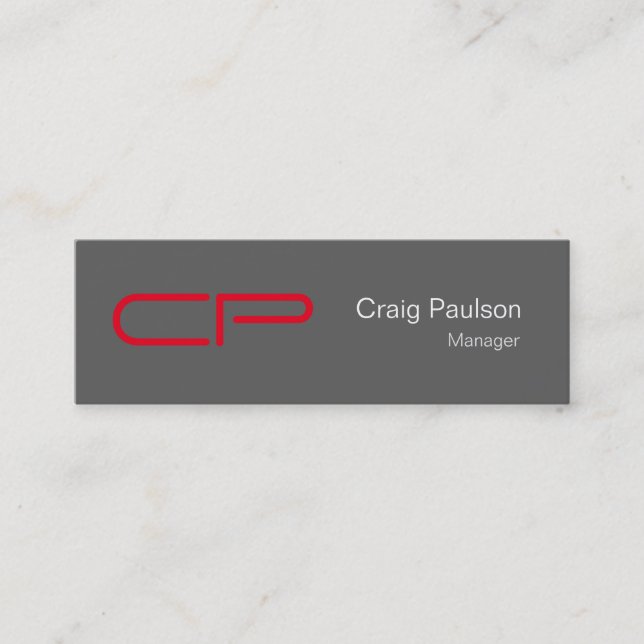 Trendy Slim Grey Red White Monogram Business Card (Front)