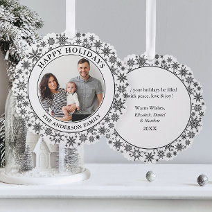 Trendy Snowflakes Black and White Happy Holidays Tree Decoration Card