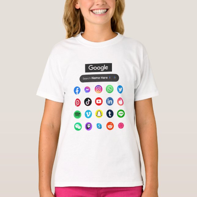 Trendy Social Media Icons Google Search Bar Black T-Shirt (Front)
