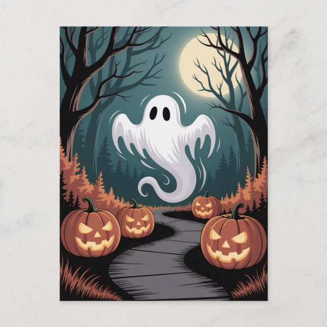 Trendy spooky Halloween Pumpkin Ghost Moon forest  Postcard (Front)