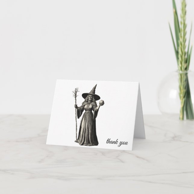 Trendy Spooky Halloween witch and broom  Thank You Card (Front)