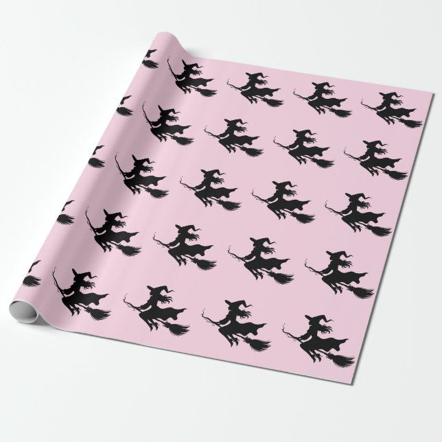 Trendy Spooky Halloween Witch Flying        Wrapping Paper (Unrolled)