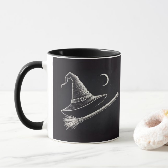 Trendy Spooky Halloween witch hat and broom black  Mug (With Donut)