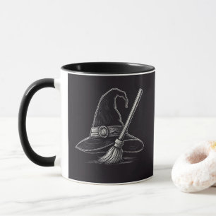 Trendy Spooky Halloween witch hat and broom black  Mug