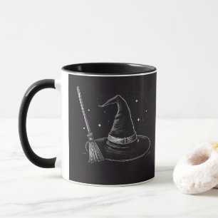 Trendy Spooky Halloween witch hat and broom black  Mug