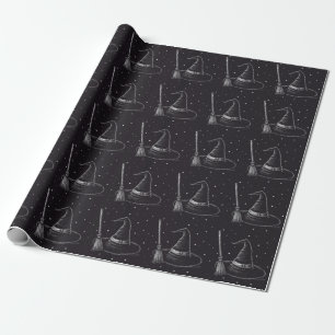 Trendy Spooky Halloween witch hat and broom black  Wrapping Paper
