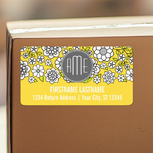 Trendy Spring Floral Illustration grey and yellow Label