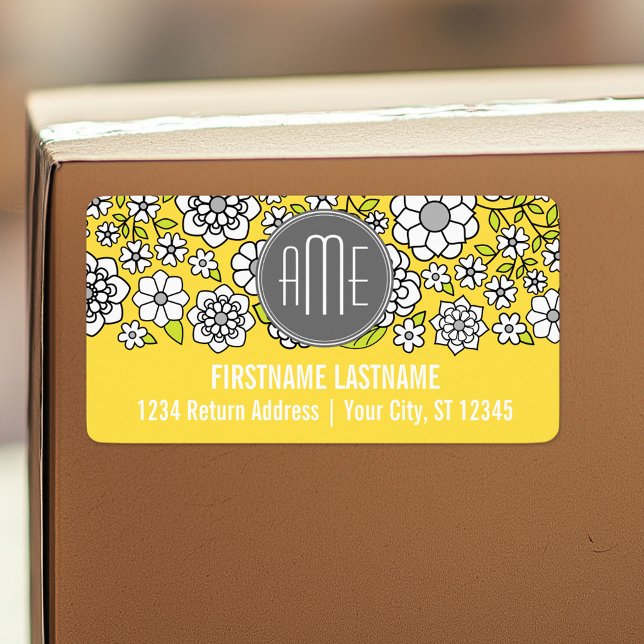Trendy Spring Floral Illustration grey and yellow Label (Custom Shipping Label with Return Address)