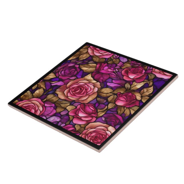 Trendy Stained Glass Roses Elegant Collection Tile (Side)