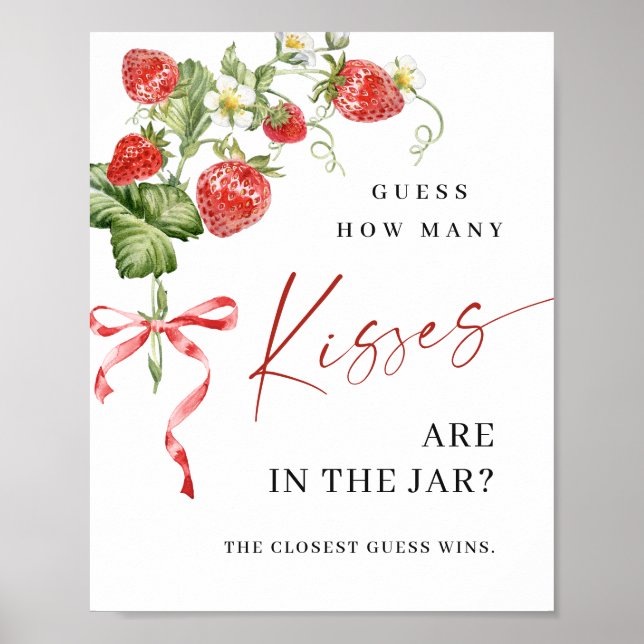 Trendy Strawberry How Many Kisses Bridal Shower Poster (Front)