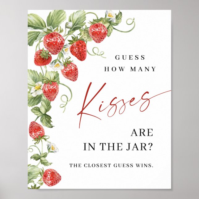 Trendy Strawberry How Many Kisses Bridal Shower Poster (Front)