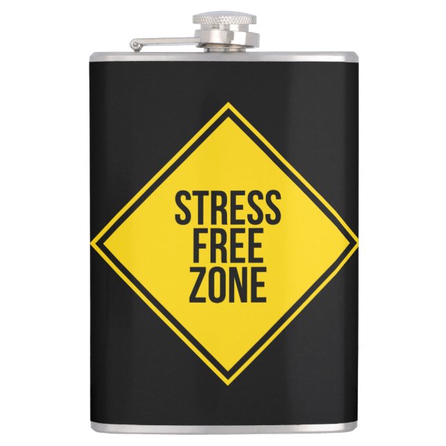 Trendy Stress Free Zone Quote Yellow Black Hip Flask (Front)