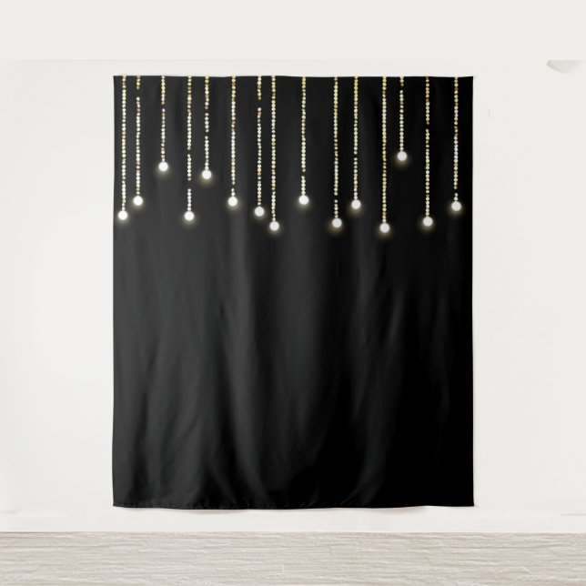 Trendy String Lights on Black Photo Booth Tapestry (Front)
