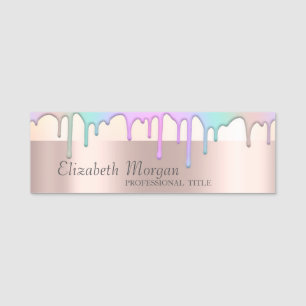 Trendy, Stripe,Rainbow Drips,Rose Gold  Name Tag